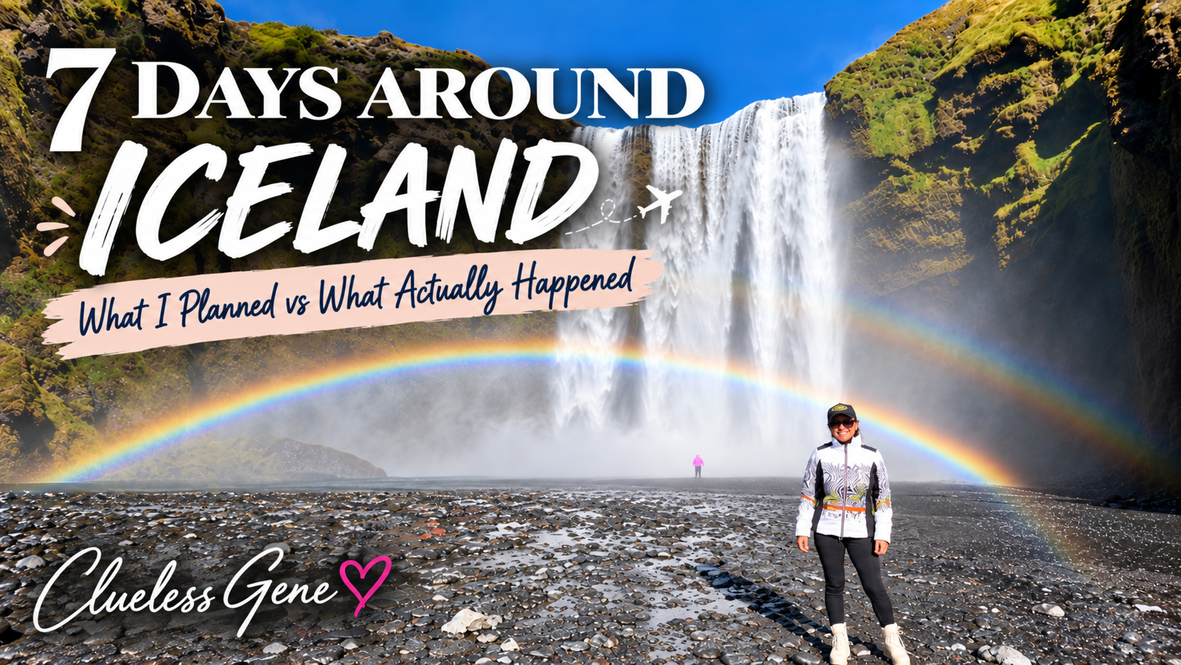 Gene standing at Skogafoss waterfall in Iceland with a rainbow across the foreground