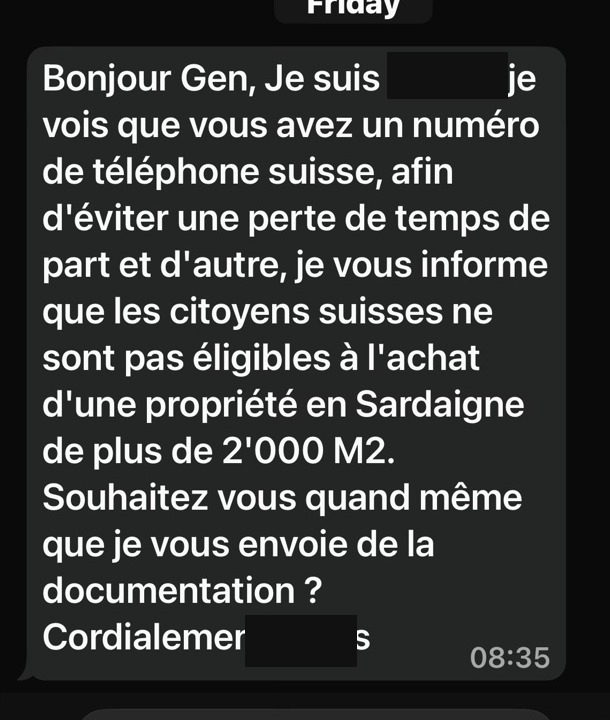 The seller’s message about a claimed 2,000 m² limit. The seller’s identity has been hidden.