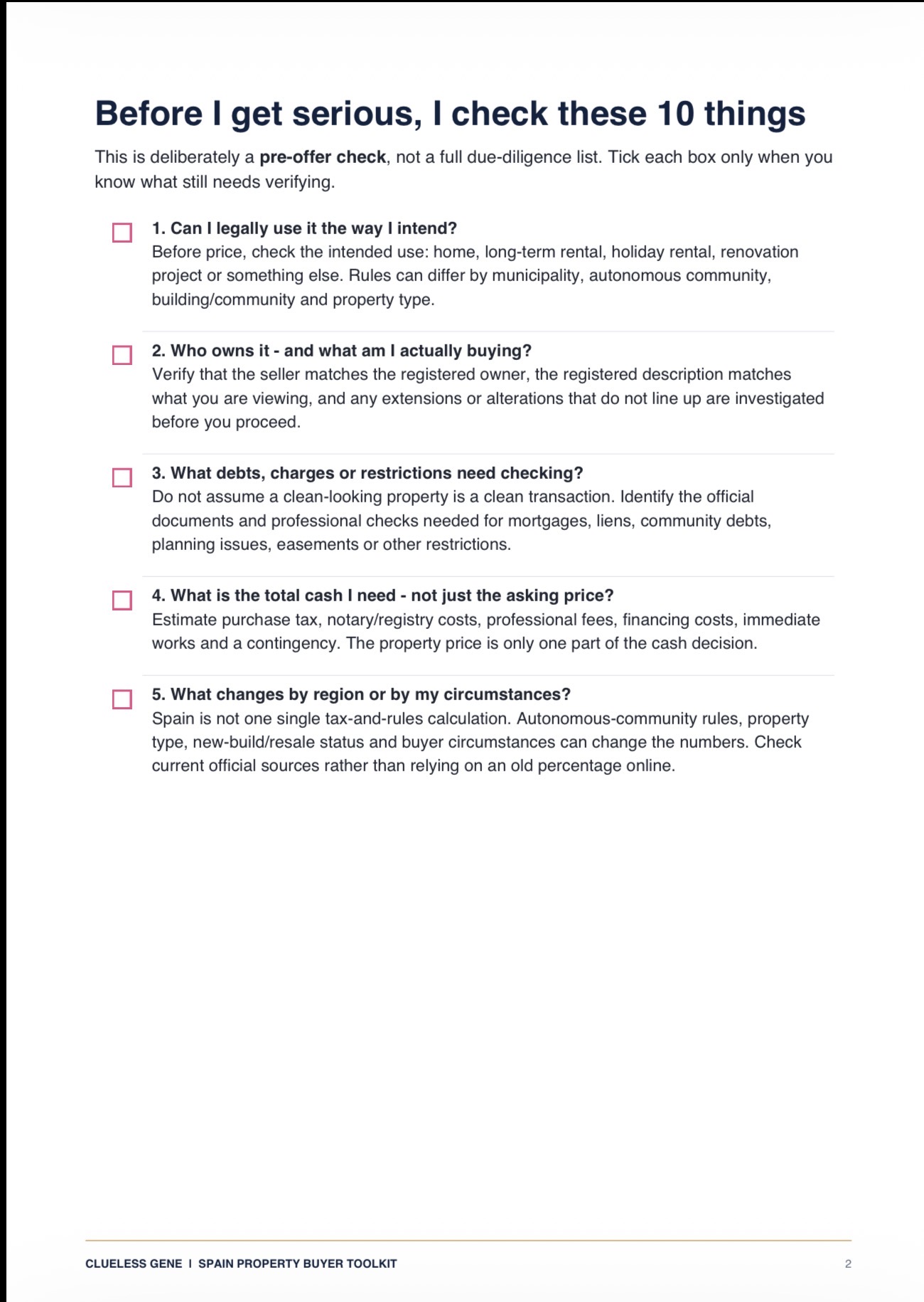 Free Buyer Check page 2 showing questions 1–5 about intended use, ownership, debts, cash needed and regional differences